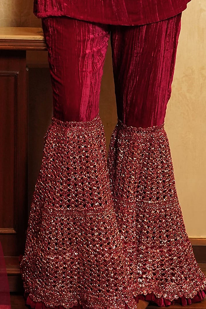 Ruby Pink Mesh Wedding Sharara Set by Nikita Vishakha at Pernia's Pop Up Shop