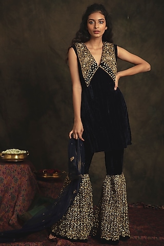 Sapphire Blue Mesh Sharara Set by Nikita Vishakha
