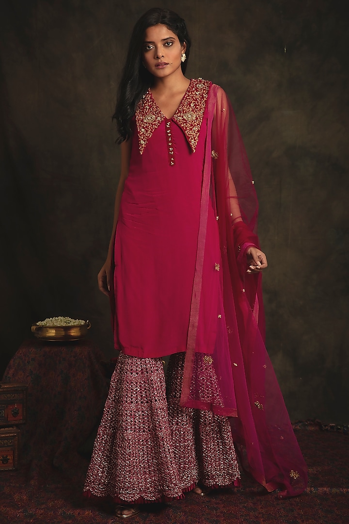 Ruby Pink Wedding Sharara Set In Golden Mesh by Nikita Vishakha at Pernia's Pop Up Shop