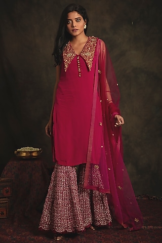 Ruby Pink Sharara Set In Golden Mesh by Nikita Vishakha