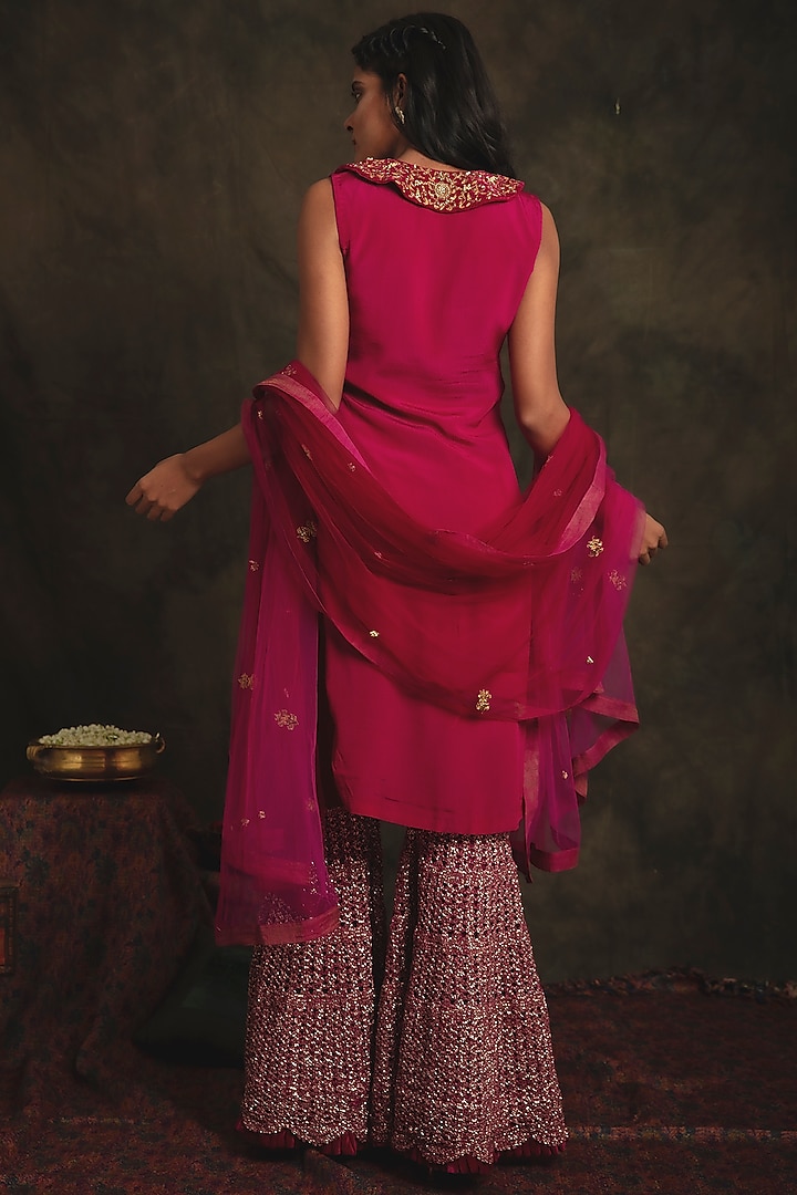 Ruby Pink Wedding Sharara Set In Golden Mesh by Nikita Vishakha at Pernia's Pop Up Shop