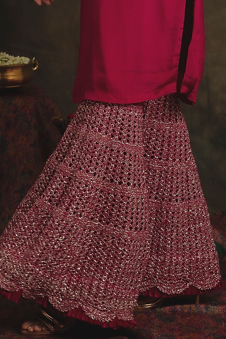 Ruby Pink Wedding Sharara Set In Golden Mesh by Nikita Vishakha at Pernia's Pop Up Shop