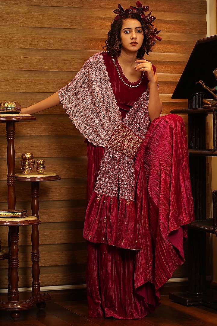 Ruby Pink Velvet Flared Palazzo Pant Set by Nikita Vishakha