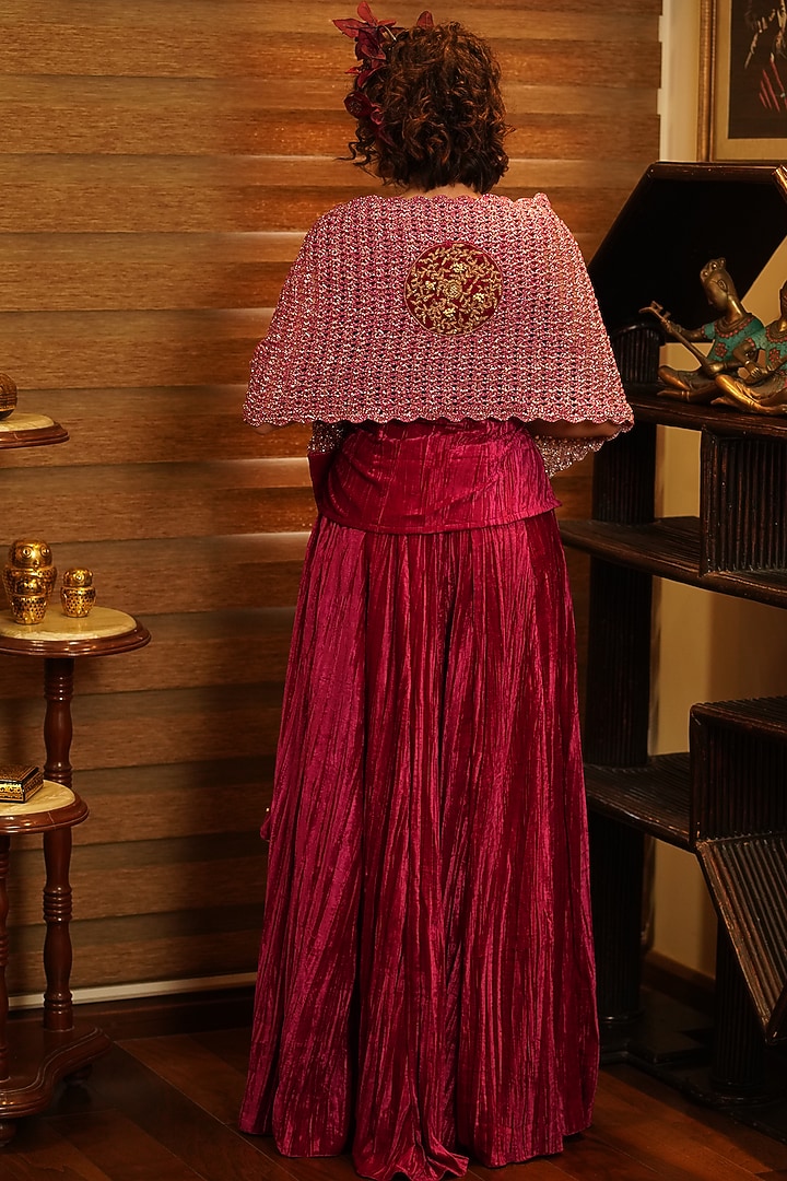 Ruby Pink Velvet Flared Palazzo Pant Set by Nikita Vishakha at Pernia's Pop Up Shop