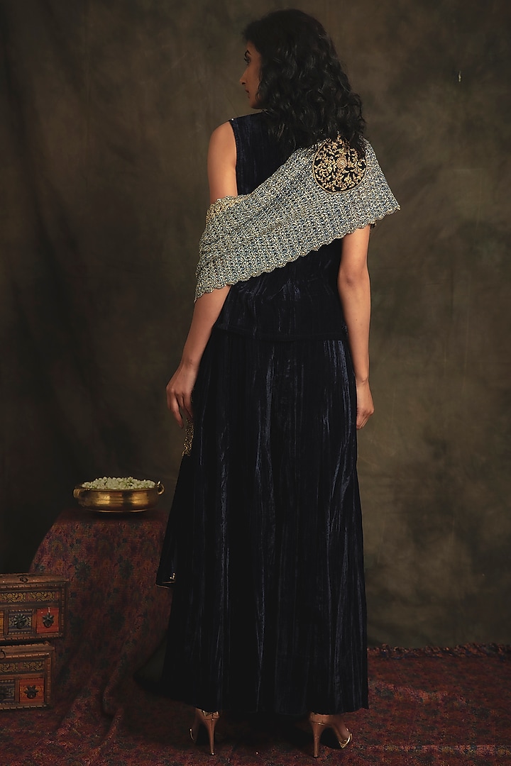 Sapphire Blue Velvet Flared Palazzo Pant Set by Nikita Vishakha at Pernia's Pop Up Shop
