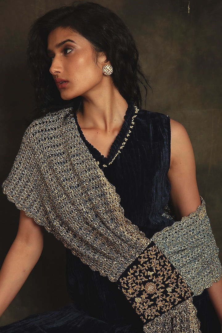 Sapphire Blue Velvet Flared Palazzo Pant Set by Nikita Vishakha at Pernia's Pop Up Shop