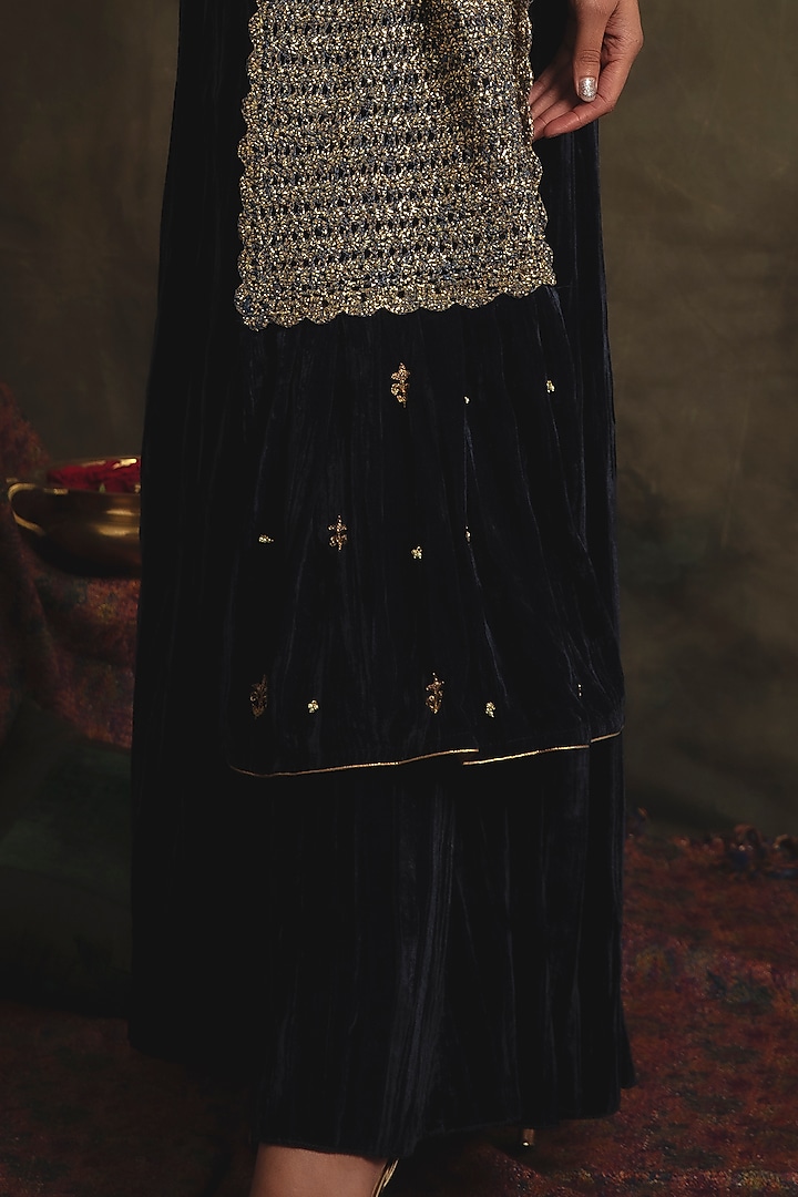 Sapphire Blue Velvet Flared Palazzo Pant Set by Nikita Vishakha at Pernia's Pop Up Shop