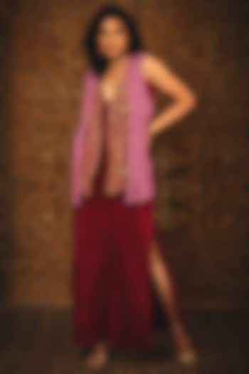 Ruby Pink Maxi Dress With Hand Embroidered Shrug by Nikita Vishakha