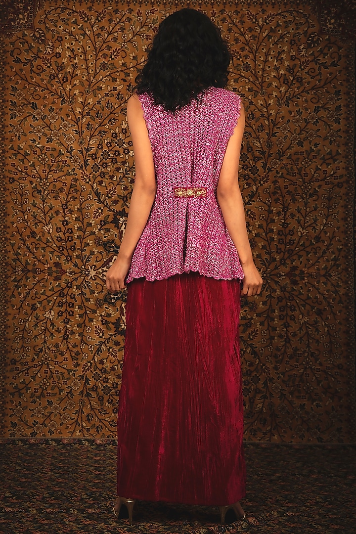 Ruby Pink Maxi Cocktail Dress With Hand Embroidered Shrug by Nikita Vishakha at Pernia's Pop Up Shop