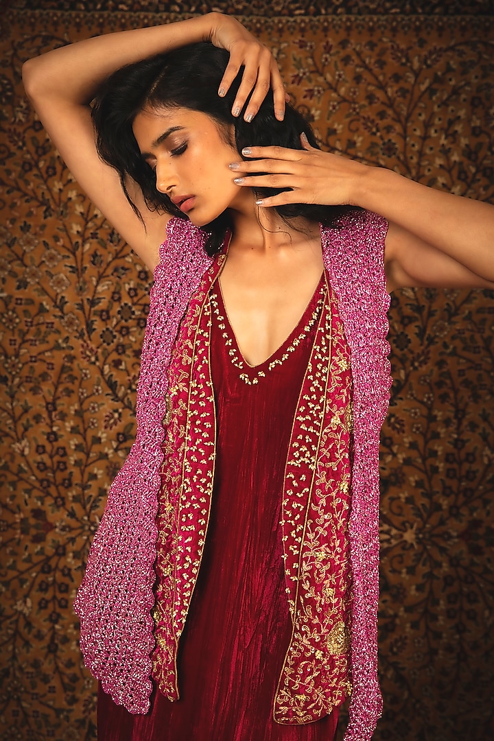 Ruby Pink Maxi Cocktail Dress With Hand Embroidered Shrug by Nikita Vishakha at Pernia's Pop Up Shop