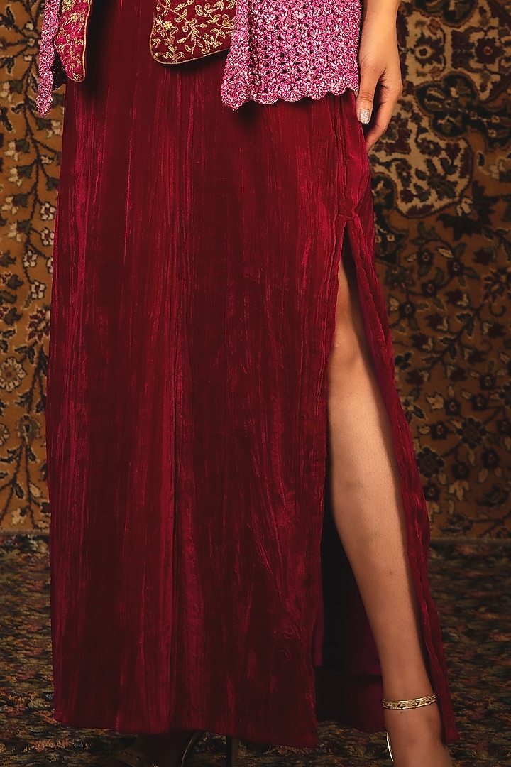 Ruby Pink Maxi Cocktail Dress With Hand Embroidered Shrug by Nikita Vishakha at Pernia's Pop Up Shop