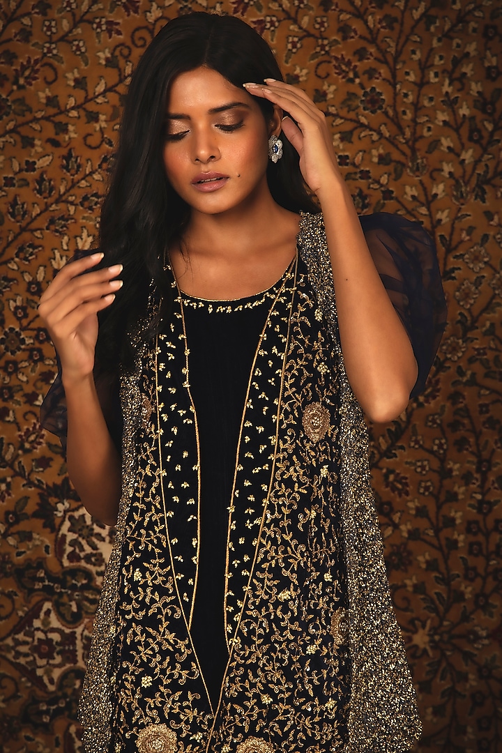 Sapphire Blue Cocktail Dress With Hand Embroidered Shrug by Nikita Vishakha at Pernia's Pop Up Shop