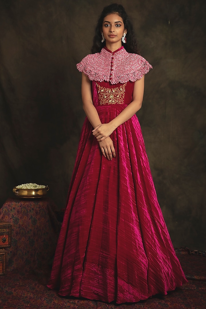 Ruby Pink Hand Embroidered Flared Gown by Nikita Vishakha