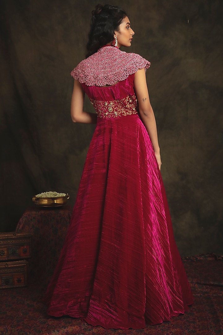 Ruby Pink Hand Embroidered Flared Gown by Nikita Vishakha at Pernia's Pop Up Shop