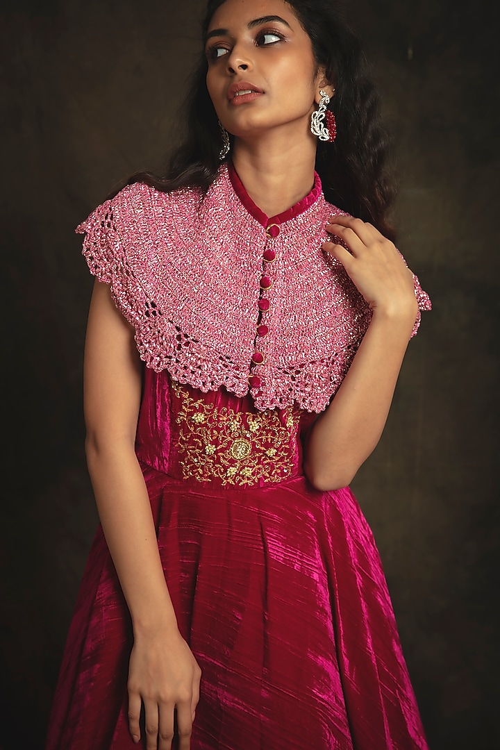 Ruby Pink Hand Embroidered Flared Gown by Nikita Vishakha at Pernia's Pop Up Shop