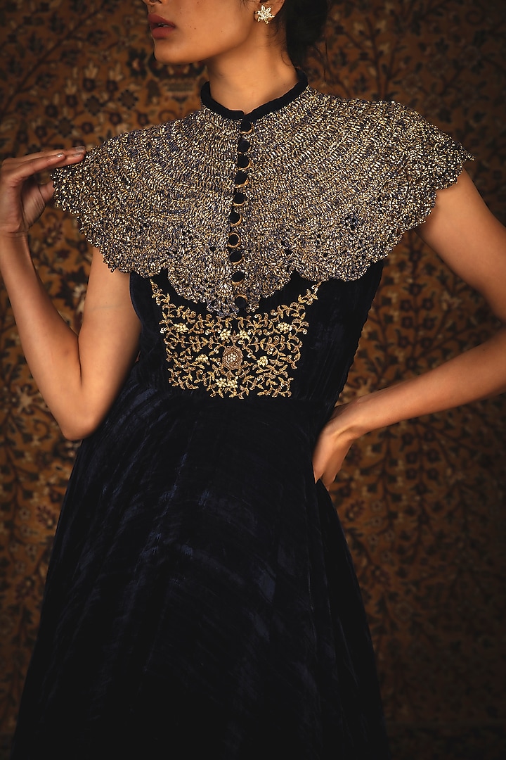 Sapphire Blue Hand Embroidered Flared Gown by Nikita Vishakha at Pernia's Pop Up Shop