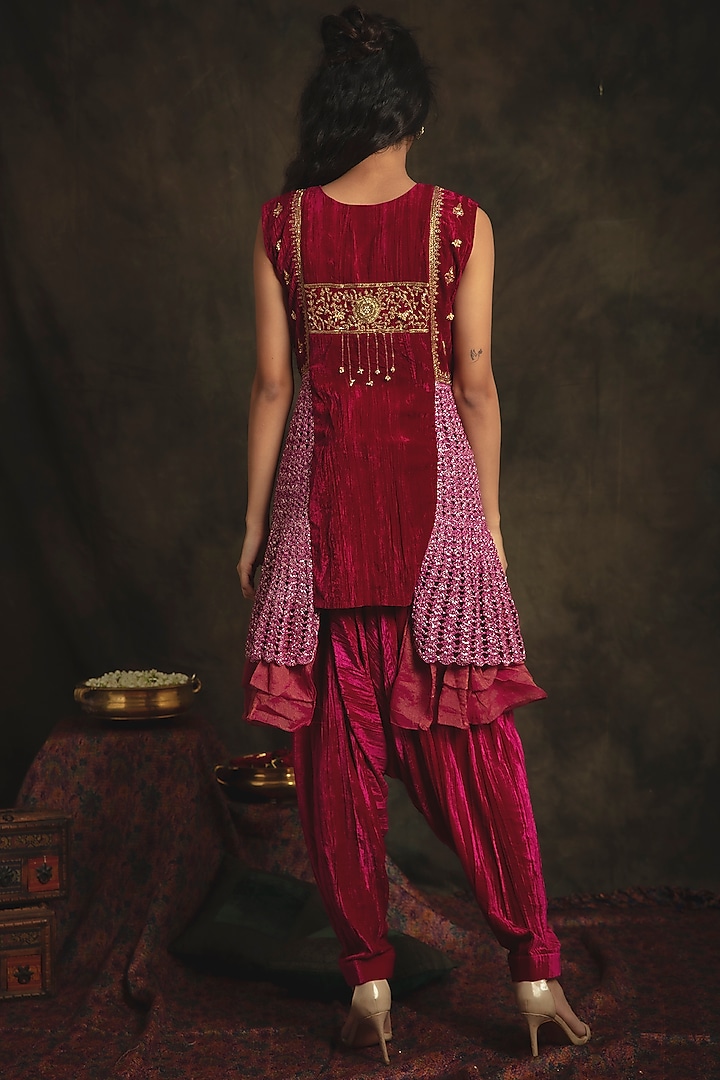 Ruby Pink Velvet Dhoti Set by Nikita Vishakha at Pernia's Pop Up Shop