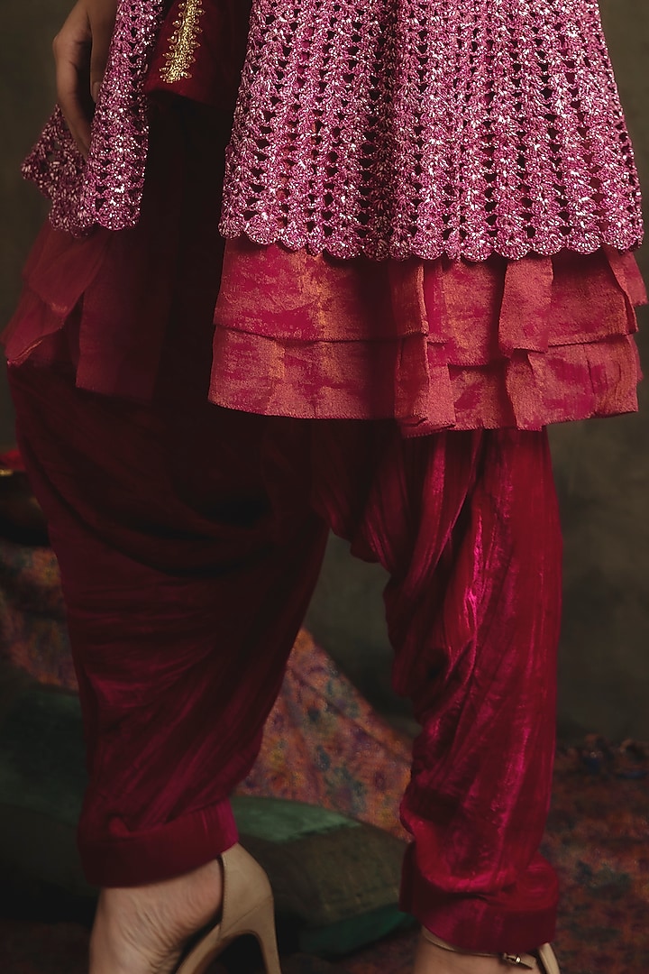 Ruby Pink Velvet Dhoti Set by Nikita Vishakha at Pernia's Pop Up Shop