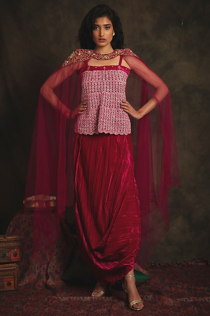 Ruby Pink Cowl Skirt Set With Hand Embroidered Shoulder-Cape by Nikita Vishakha