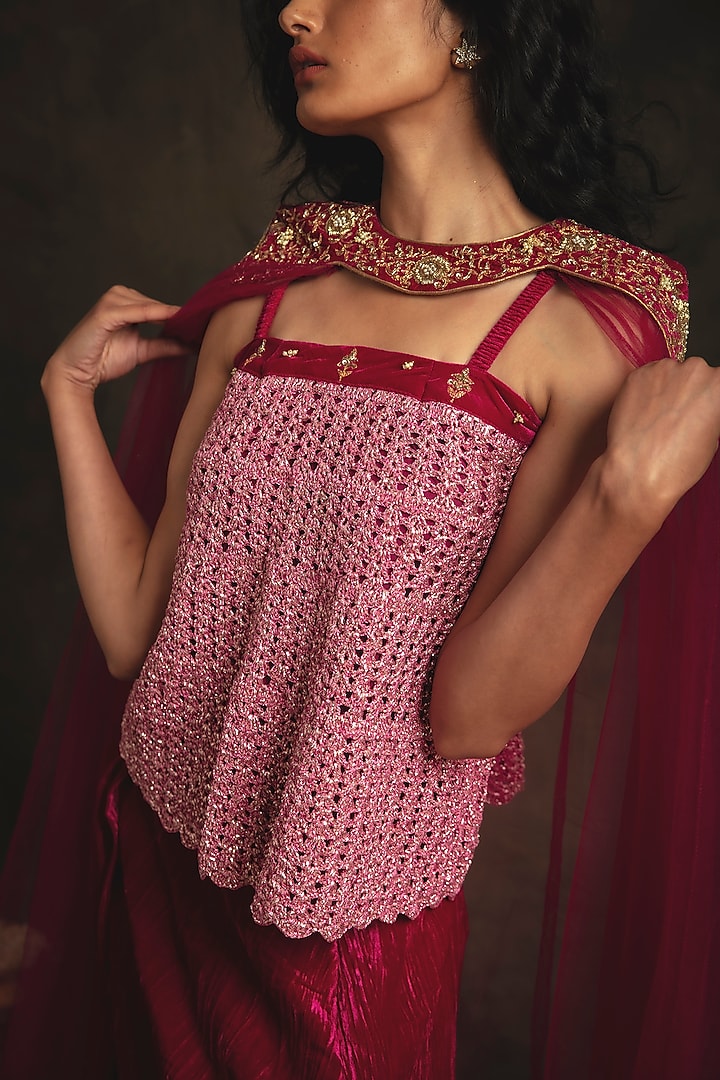Ruby Pink Velvet Cowl Skirt Set by Nikita Vishakha at Pernia's Pop Up Shop