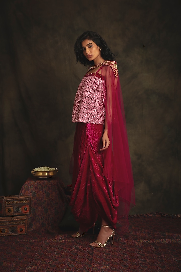 Ruby Pink Velvet Cowl Skirt Set by Nikita Vishakha at Pernia's Pop Up Shop