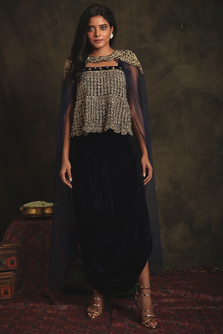 Sapphire Blue Cowl Skirt Set With Hand Embroidered Shoulder-Cape by Nikita Vishakha