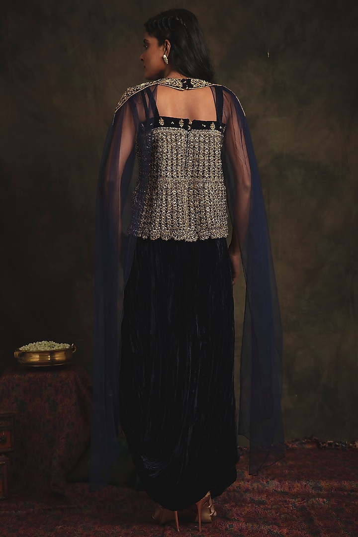 Sapphire Blue Velvet Cowl Skirt Set by Nikita Vishakha at Pernia's Pop Up Shop