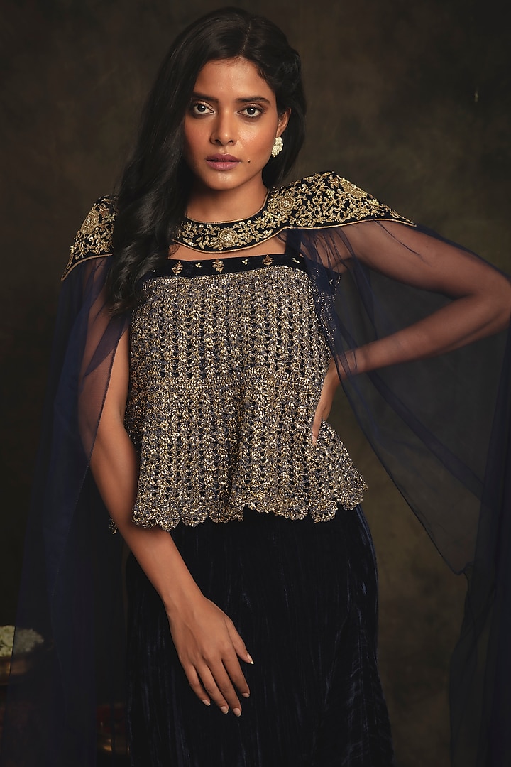 Sapphire Blue Velvet Cowl Skirt Set by Nikita Vishakha at Pernia's Pop Up Shop
