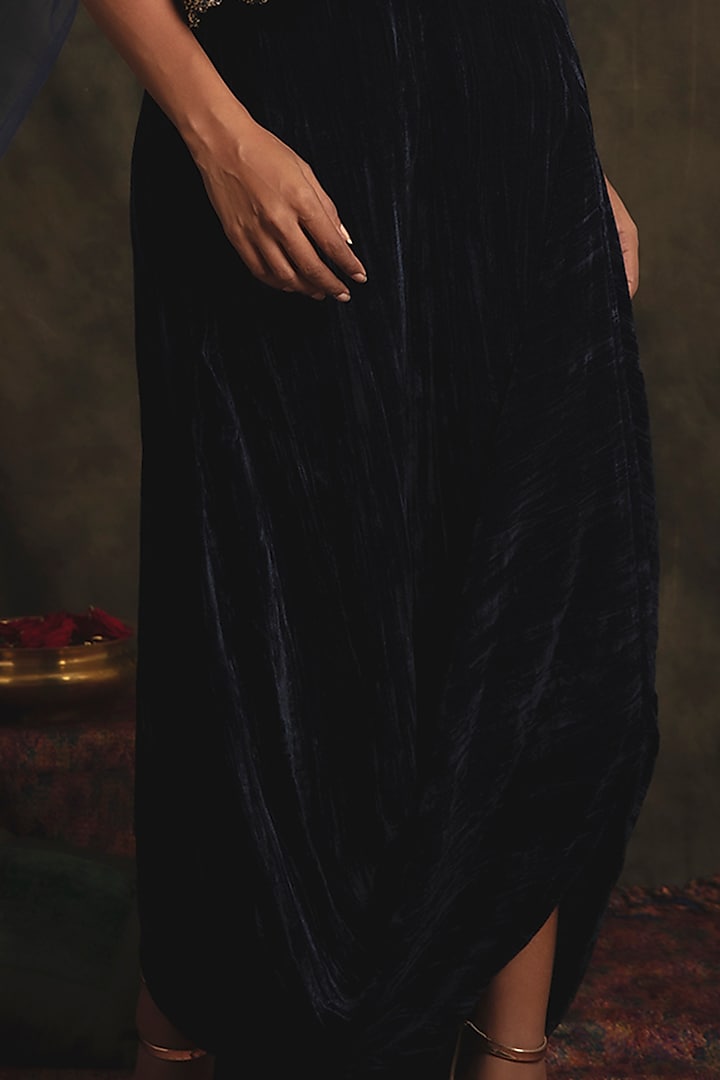 Sapphire Blue Velvet Cowl Skirt Set by Nikita Vishakha at Pernia's Pop Up Shop