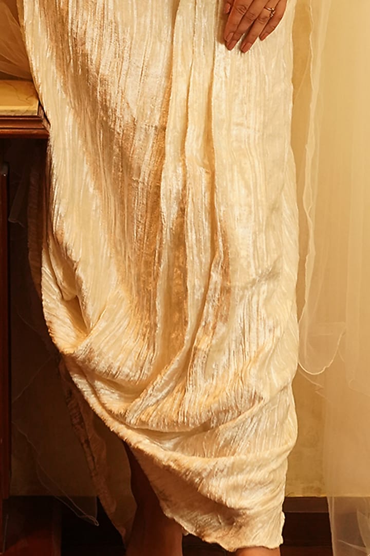 Pearl White Velvet Cowl Skirt Set by Nikita Vishakha at Pernia's Pop Up Shop