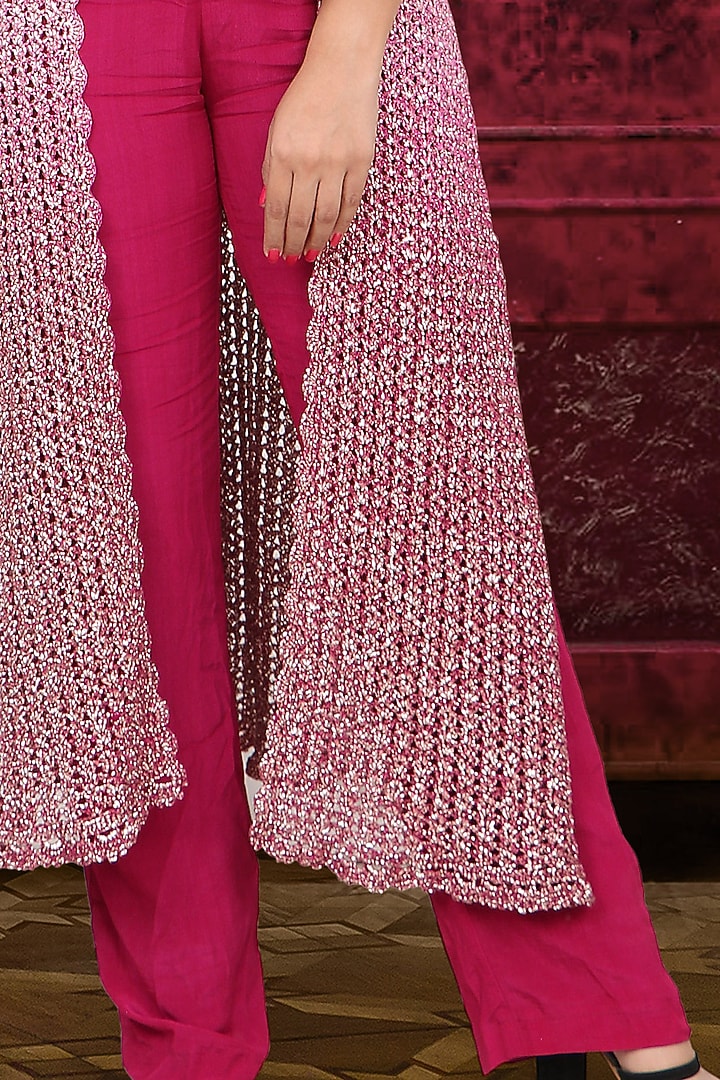 Ruby Pink Jumpsuit With Hand Embroidered Jacket by Nikita Vishakha at Pernia's Pop Up Shop