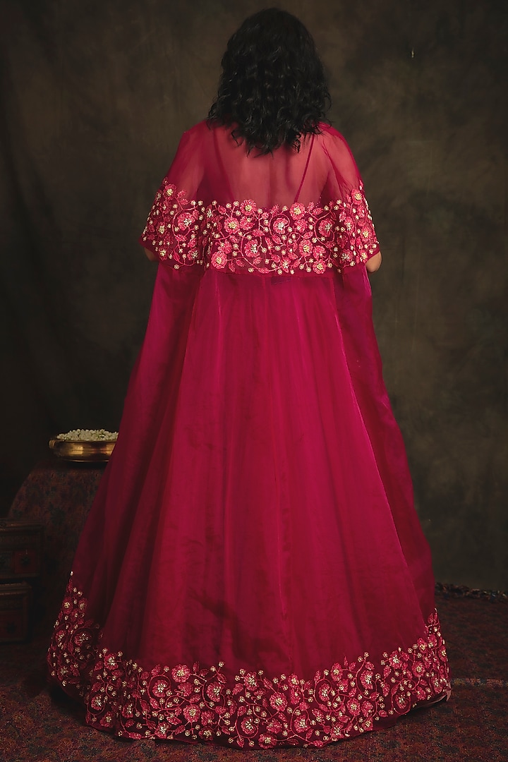 Ruby Pink Organza & Net Jacket Wedding Lehenga Set by Nikita Vishakha at Pernia's Pop Up Shop
