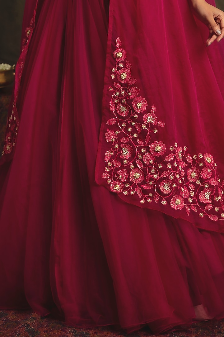 Ruby Pink Organza & Net Jacket Wedding Lehenga Set by Nikita Vishakha at Pernia's Pop Up Shop