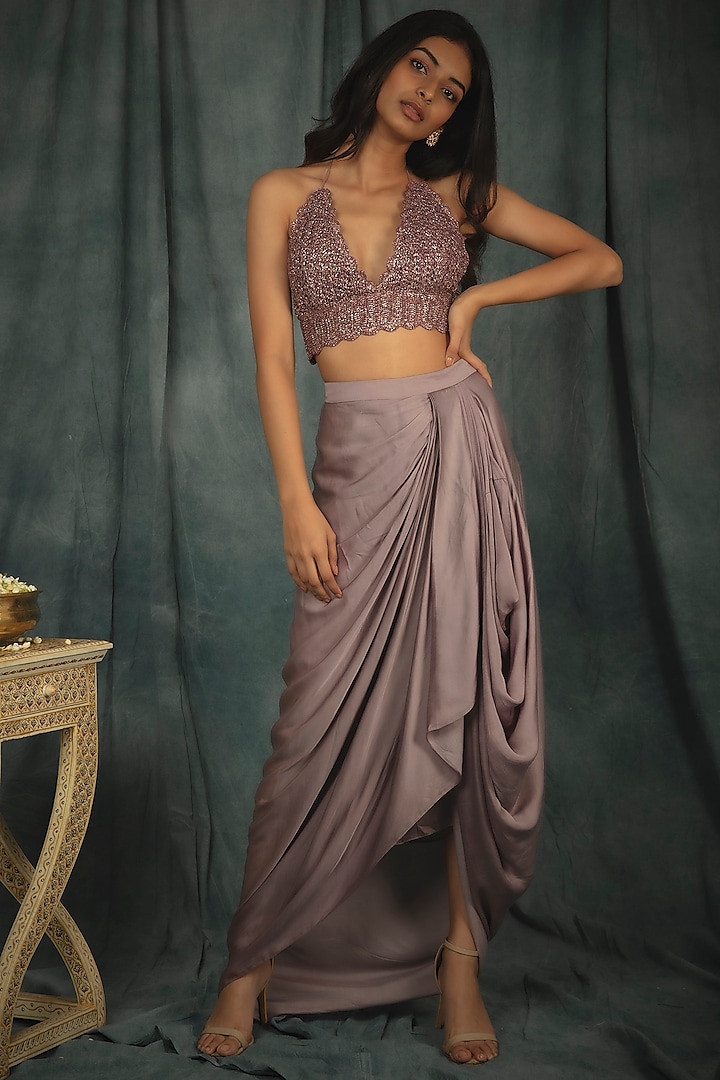 Soft Lilac Modal Satin Cowl Skirt Set by Nikita Vishakha