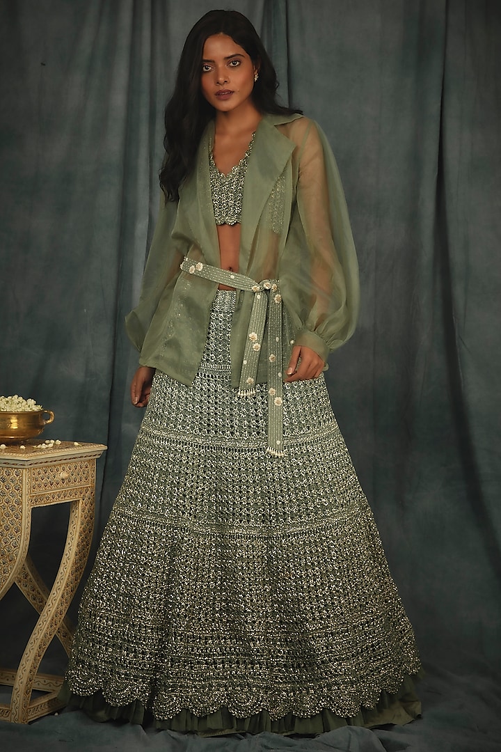 Sage Green Silk Organza Trench Jacket Set by Nikita Vishakha at Pernia's Pop Up Shop