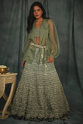 Sage Green Silk Organza Trench Jacket Set by Nikita Vishakha