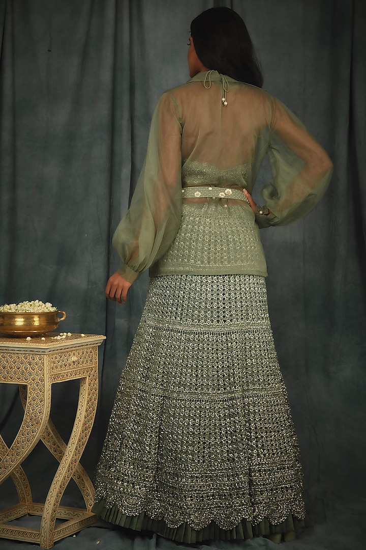 Sage Green Silk Organza Trench Jacket Set by Nikita Vishakha at Pernia's Pop Up Shop