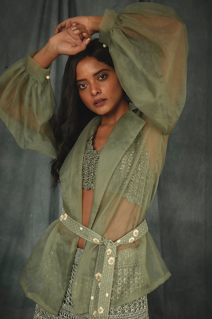 Sage Green Silk Organza Trench Jacket Set by Nikita Vishakha at Pernia's Pop Up Shop