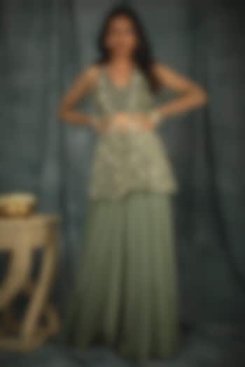 Sage Green Hand Embroidered Cape Set by Nikita Vishakha at Pernia's Pop Up Shop