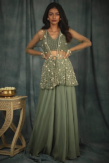 Sage Green Hand Embroidered Cape Set by Nikita Vishakha at Pernia's Pop Up Shop
