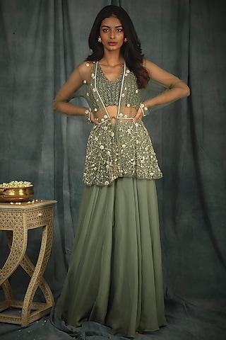 Sage Green Hand Embroidered Cape Set by Nikita Vishakha
