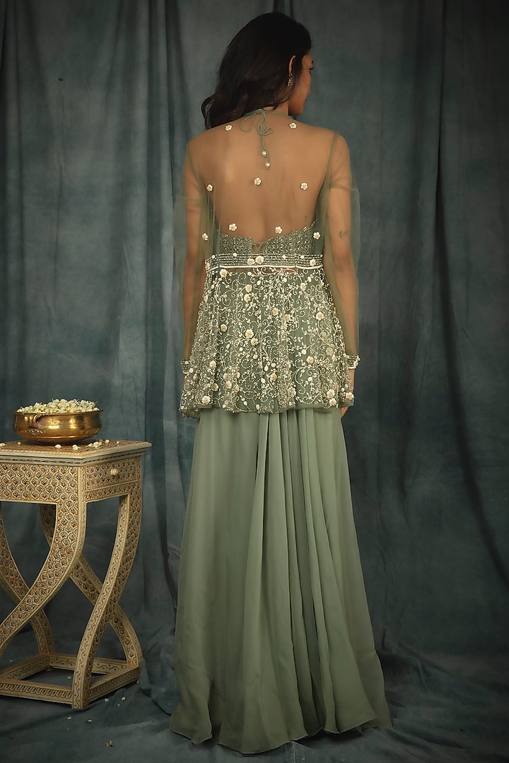 Sage Green Hand Embroidered Cape Set by Nikita Vishakha at Pernia's Pop Up Shop