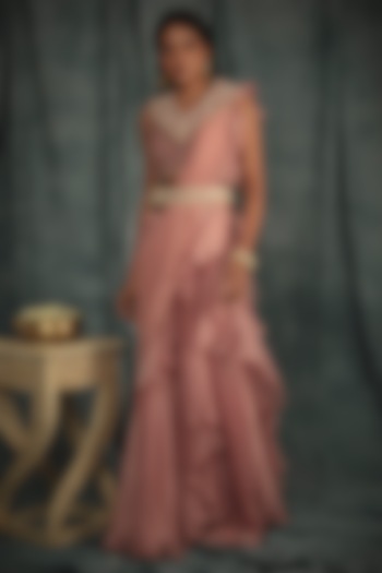Sorbet Pink Ruffled Pre-Stitched Saree Set by Nikita Vishakha