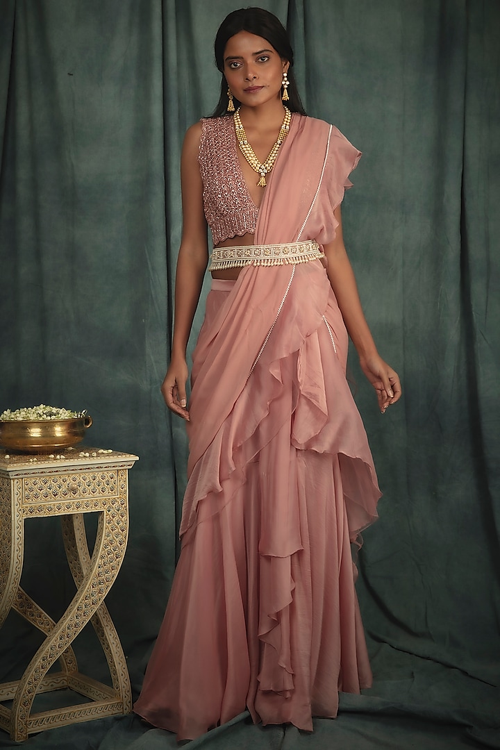 Sorbet Pink Organza Ruffled Pre-Stitched Saree Set by Nikita Vishakha