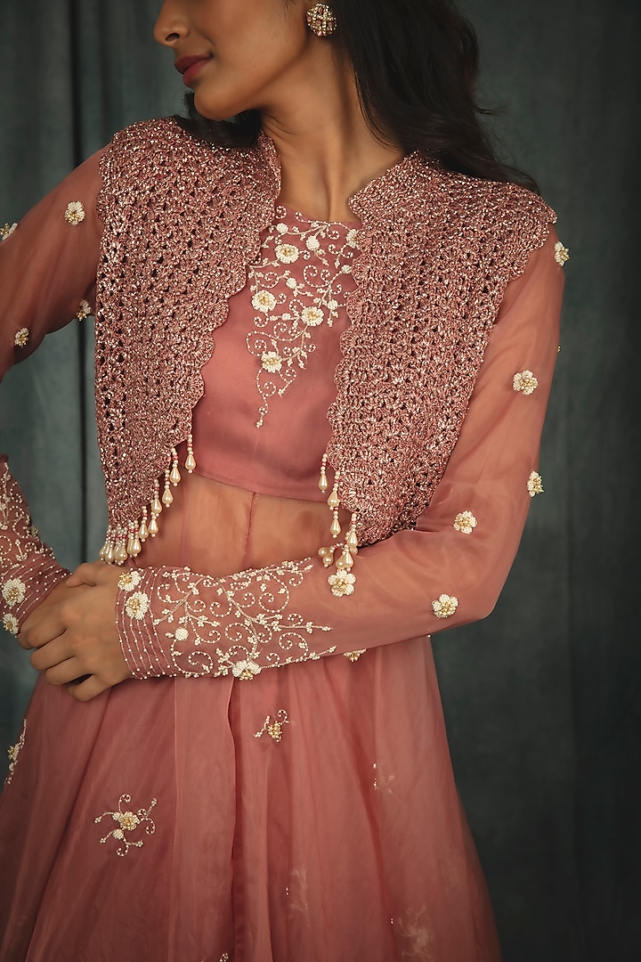 Sorbet Pink Organza Flared Wedding Lehenga Set by Nikita Vishakha at Pernia's Pop Up Shop