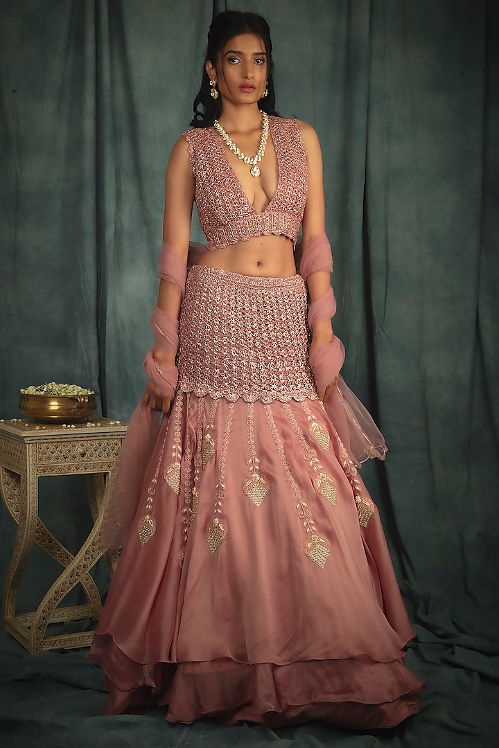 Sorbet Pink Hand Embroidered Lehenga Set by Nikita Vishakha