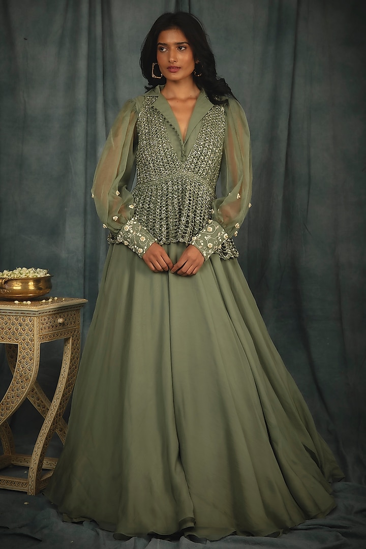 Sage Green Hand Embroidered Flared Gown With Jacket by Nikita Vishakha