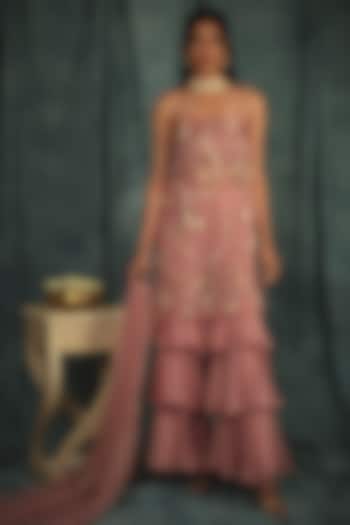 Sorbet Pink Organza Tiered Wedding Sharara Set by Nikita Vishakha at Pernia's Pop Up Shop