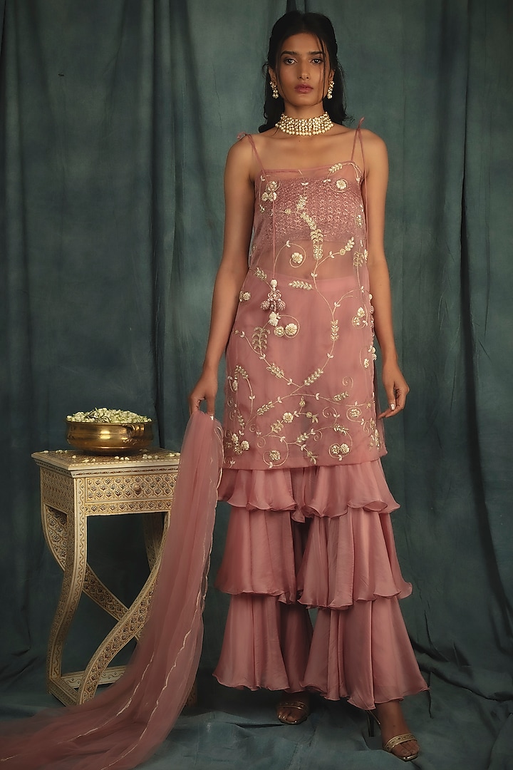 Sorbet Pink Organza Tiered Wedding Sharara Set by Nikita Vishakha at Pernia's Pop Up Shop