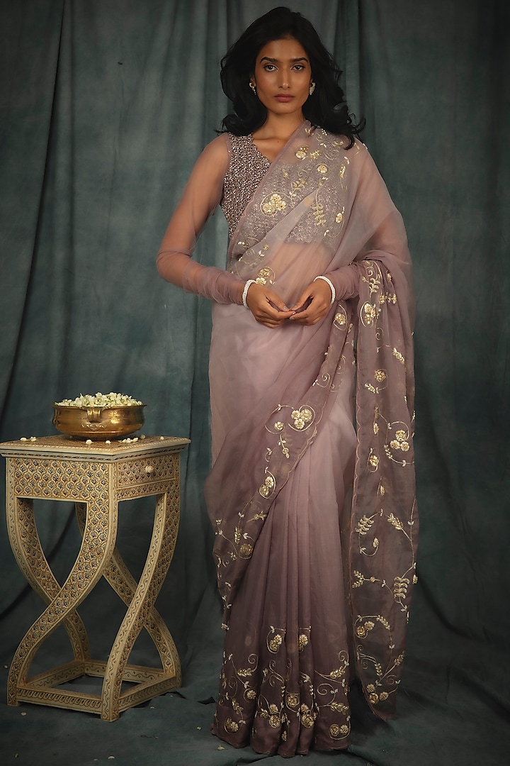 Soft Lilac Ombre Hand Embroidered Saree Set by Nikita Vishakha
